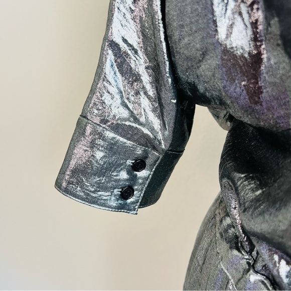 BCBGMaxAzria Silver Gunmetal Metallic Belt Tie Cinched Button Down Dress - Picture 5 of 14